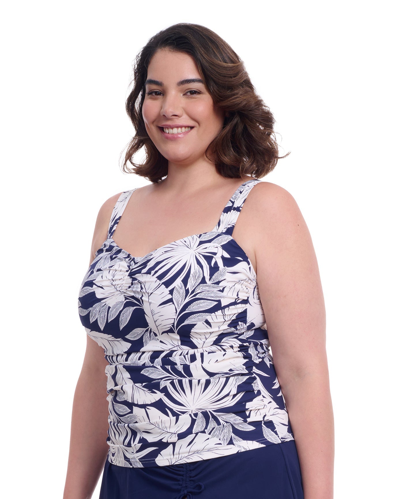 Side View of Profile By Gottex Malaya Plus Size Sweetheart Underwire Tankini Top | PROFILE MALAYA NAVY AND WHITE