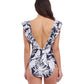 Back View of Profile By Gottex Malaya Ruffle V-Neck Deep Plunge One Piece Swimsuit | PROFILE MALAYA NAVY AND WHITE