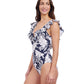 Side View of Profile By Gottex Malaya Ruffle V-Neck Deep Plunge One Piece Swimsuit | PROFILE MALAYA NAVY AND WHITE