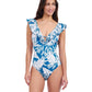 Front View of Profile By Gottex Malaya Ruffle V-Neck Deep Plunge One Piece Swimsuit | PROFILE MALAYA TEAL AND WHITE