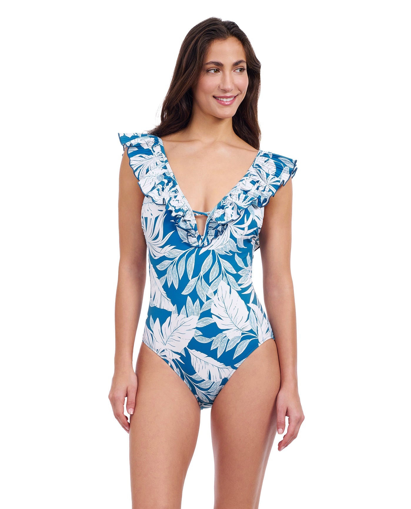 Front View of Profile By Gottex Malaya Ruffle V-Neck Deep Plunge One Piece Swimsuit | PROFILE MALAYA TEAL AND WHITE