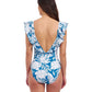 Back View of Profile By Gottex Malaya Ruffle V-Neck Deep Plunge One Piece Swimsuit | PROFILE MALAYA TEAL AND WHITE