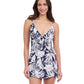 Front View of Profile By Gottex Malaya Surplice Ruffle Swimdress | PROFILE MALAYA NAVY AND WHITE