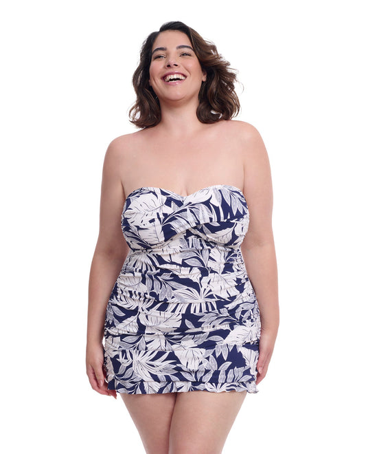 Front View of Profile By Gottex Malaya Plus Size Underwire Bandeau Swimdress | PROFILE MALAYA NAVY AND WHITE