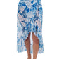 Front View of Profile By Gottex Malaya Ruffled High Low Cover Up Wrap Skirt | PROFILE MALAYA TEAL AND WHITE