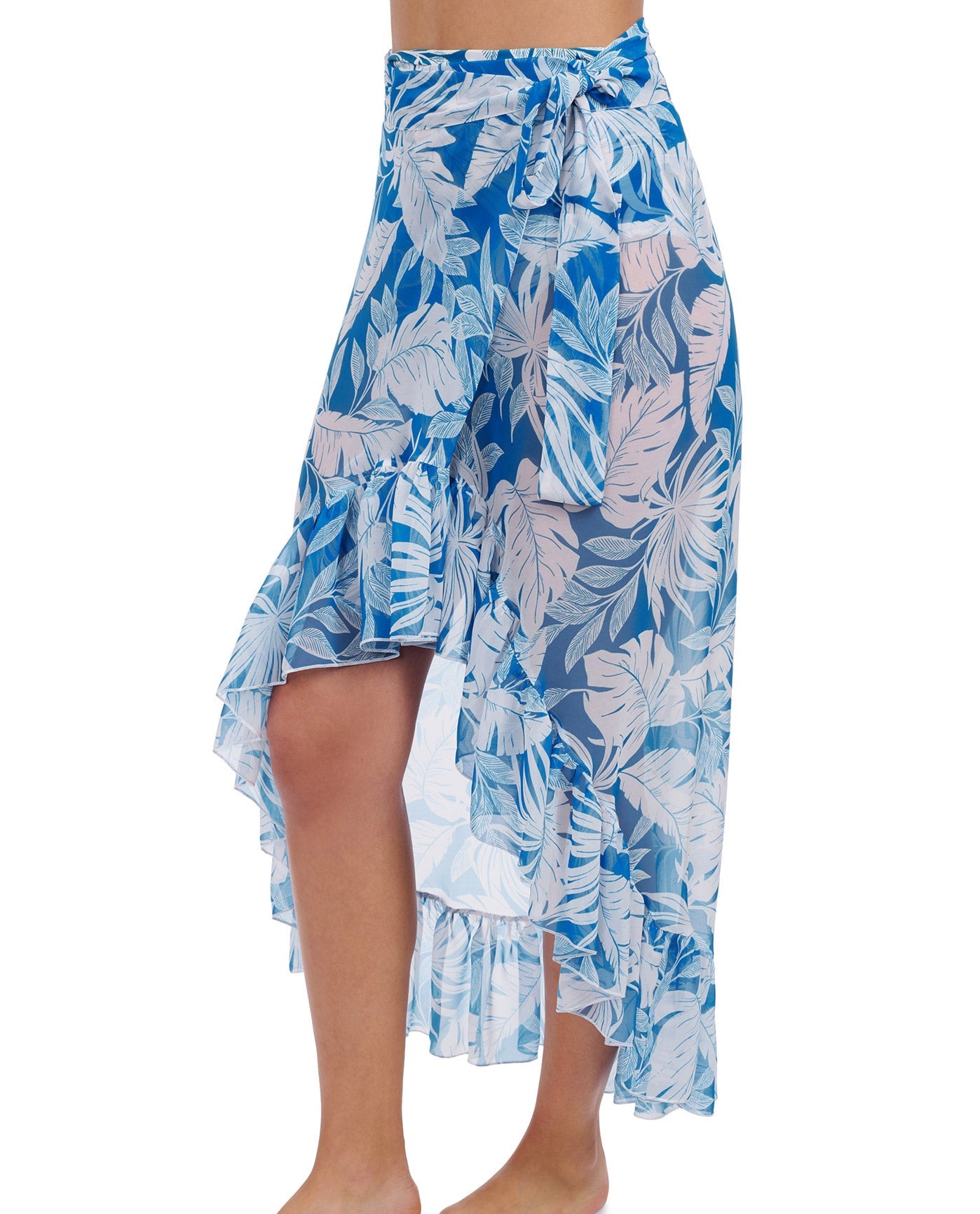 Side View of Profile By Gottex Malaya Ruffled High Low Cover Up Wrap Skirt | PROFILE MALAYA TEAL AND WHITE