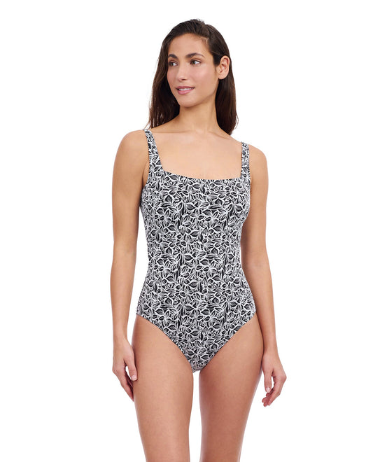 Front View of Profile By Gottex Plumeria Textured Square Neck One Piece Swimsuit | PROFILE PLUMERIA BLACK AND WHITE
