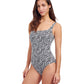 Side View of Profile By Gottex Plumeria Textured Square Neck One Piece Swimsuit | PROFILE PLUMERIA BLACK AND WHITE