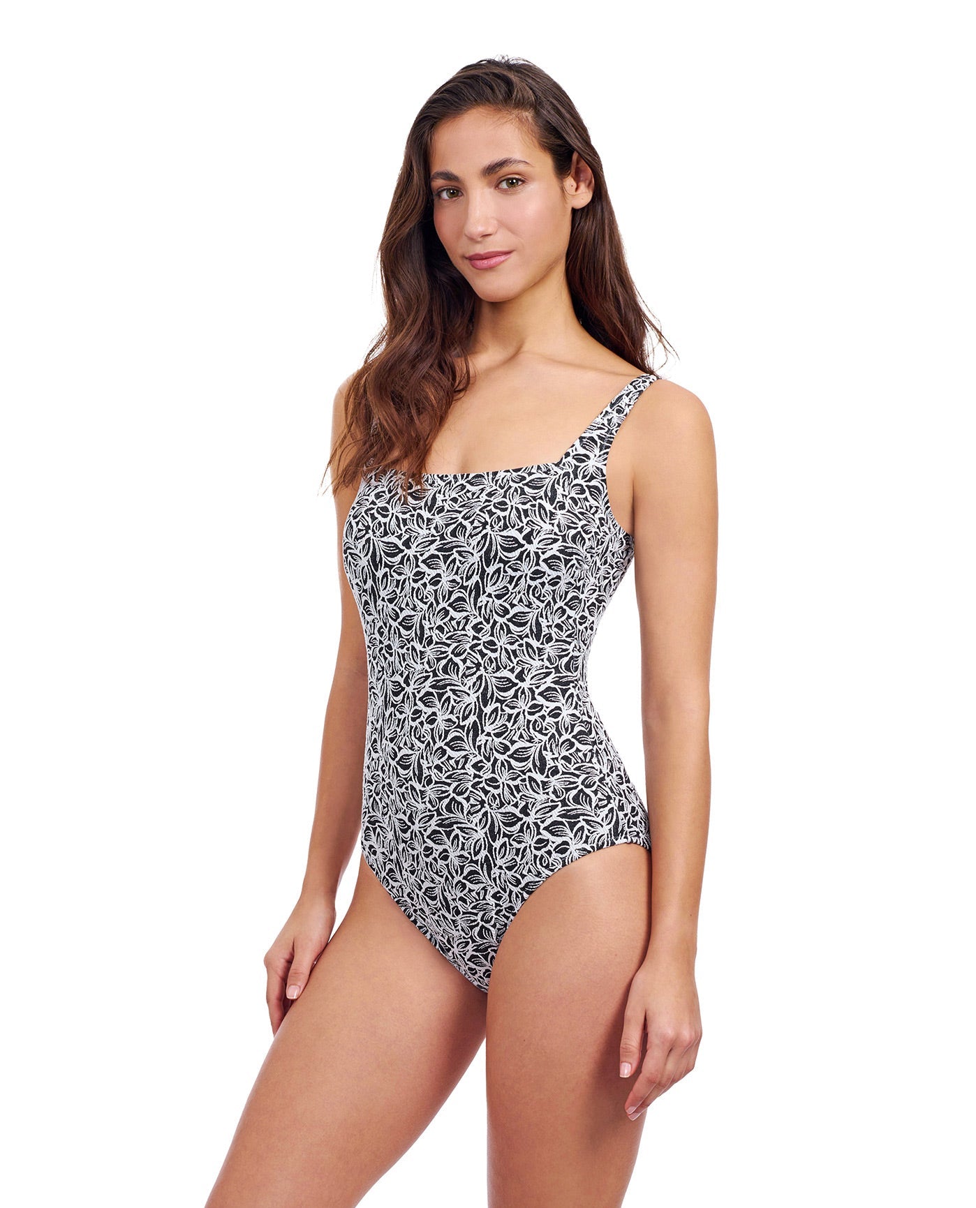 Side View of Profile By Gottex Plumeria Textured Square Neck One Piece Swimsuit | PROFILE PLUMERIA BLACK AND WHITE