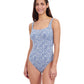 Front View of Profile By Gottex Plumeria Textured Square Neck One Piece Swimsuit | PROFILE PLUMERIA JEAN AND WHITE
