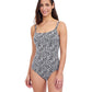 Front View of Profile By Gottex Plumeria D-Cup Textured Square Neck One Piece Swimsuit | PROFILE PLUMERIA BLACK AND WHITE