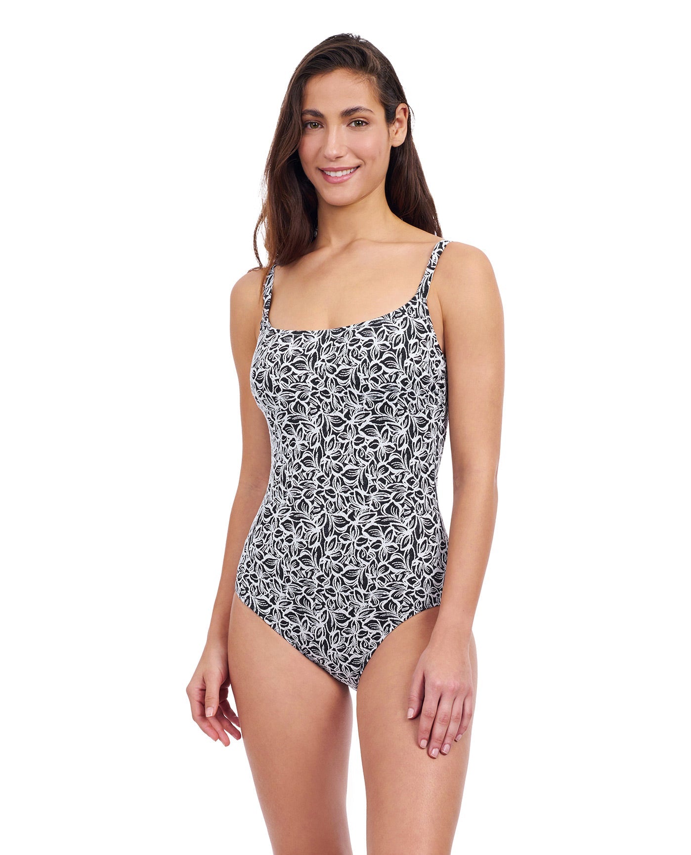 Front View of Profile By Gottex Plumeria D-Cup Textured Square Neck One Piece Swimsuit | PROFILE PLUMERIA BLACK AND WHITE