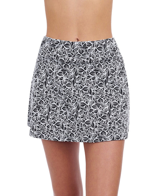 Front View of Profile By Gottex Plumeria Textured Cover Up Skirt | PROFILE PLUMERIA BLACK AND WHITE
