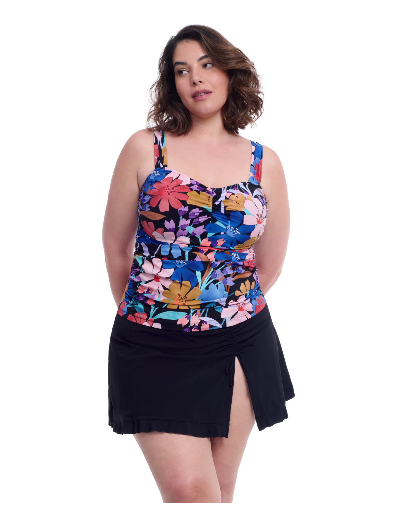 Front View Of Profile By Gottex Melody Plus Size Sweetheart Underwire Tankini Top | Profile Melody Black Multi
