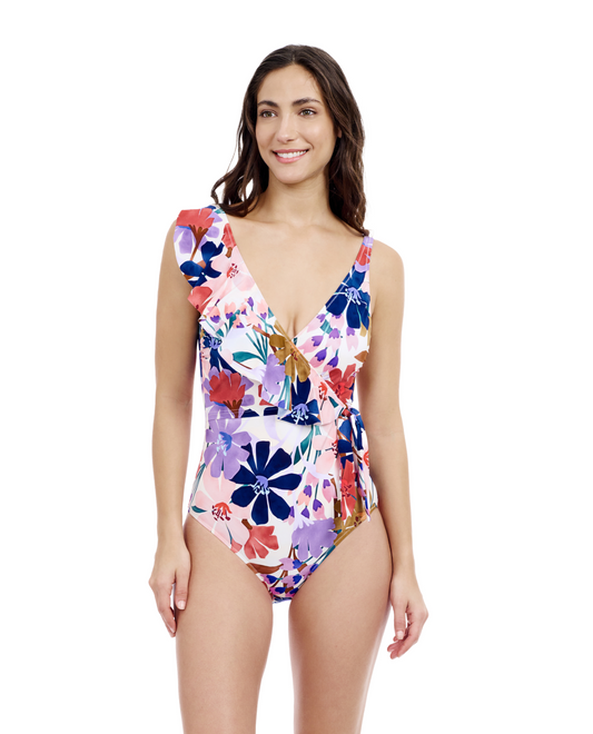 Front View Of Profile By Gottex Melody Asymmetrical Ruffle Surplice One Piece Swimsuit | Profile Melody Multi