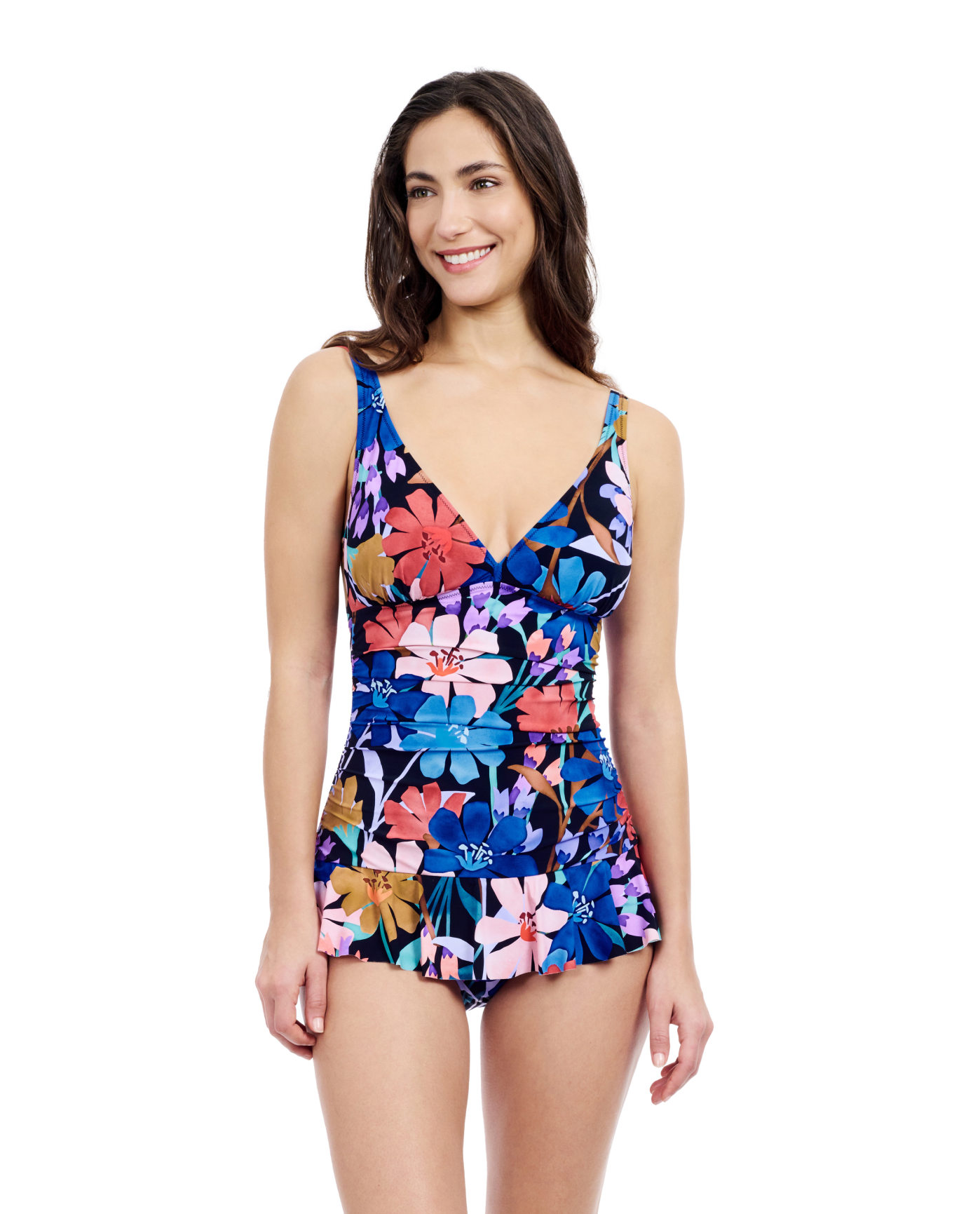 Front View Of Profile By Gottex Melody D Cup V Neck Swimdress One Piece Swimsuit | Profile Melody Black Multi