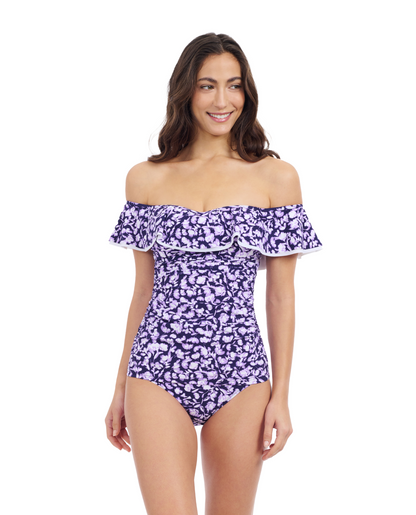 Front View Of Profile By Gottex Juliette Off Shoulder Tankini | Profile Juliette Navy