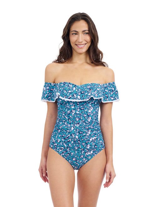 Front View Of Profile By Gottex Juliette Off Shoulder Tankini | Profile Juliette Teal