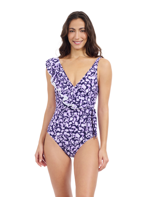 Front View Of Profile By Gottex Juliette Asymmetrical Ruffle Surplice One Piece Swimsuit | Profile Juliette Navy