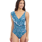 Front View Of Profile By Gottex Juliette Asymmetrical Ruffle Surplice One Piece Swimsuit | Profile Juliette Teal