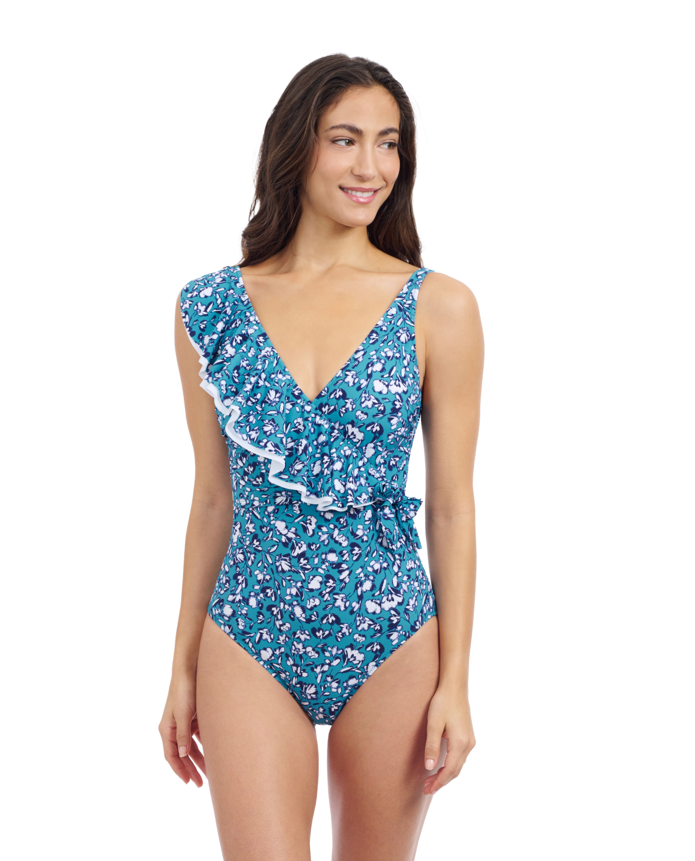 Front View Of Profile By Gottex Juliette Asymmetrical Ruffle Surplice One Piece Swimsuit | Profile Juliette Teal