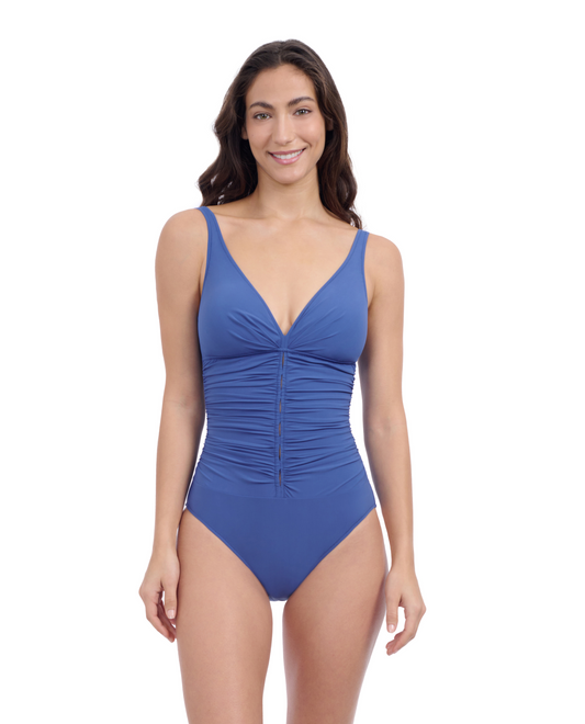 Front View Of Profile By Gottex Solo D Cup V Neck Swimdress One Piece Swimsuit | Profile Solo Denim