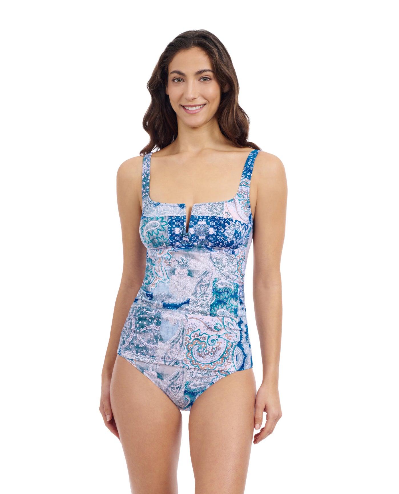 Front View Of Profile By Gottex Karma Round Neck Tankini | Profile Karma Blue Multi