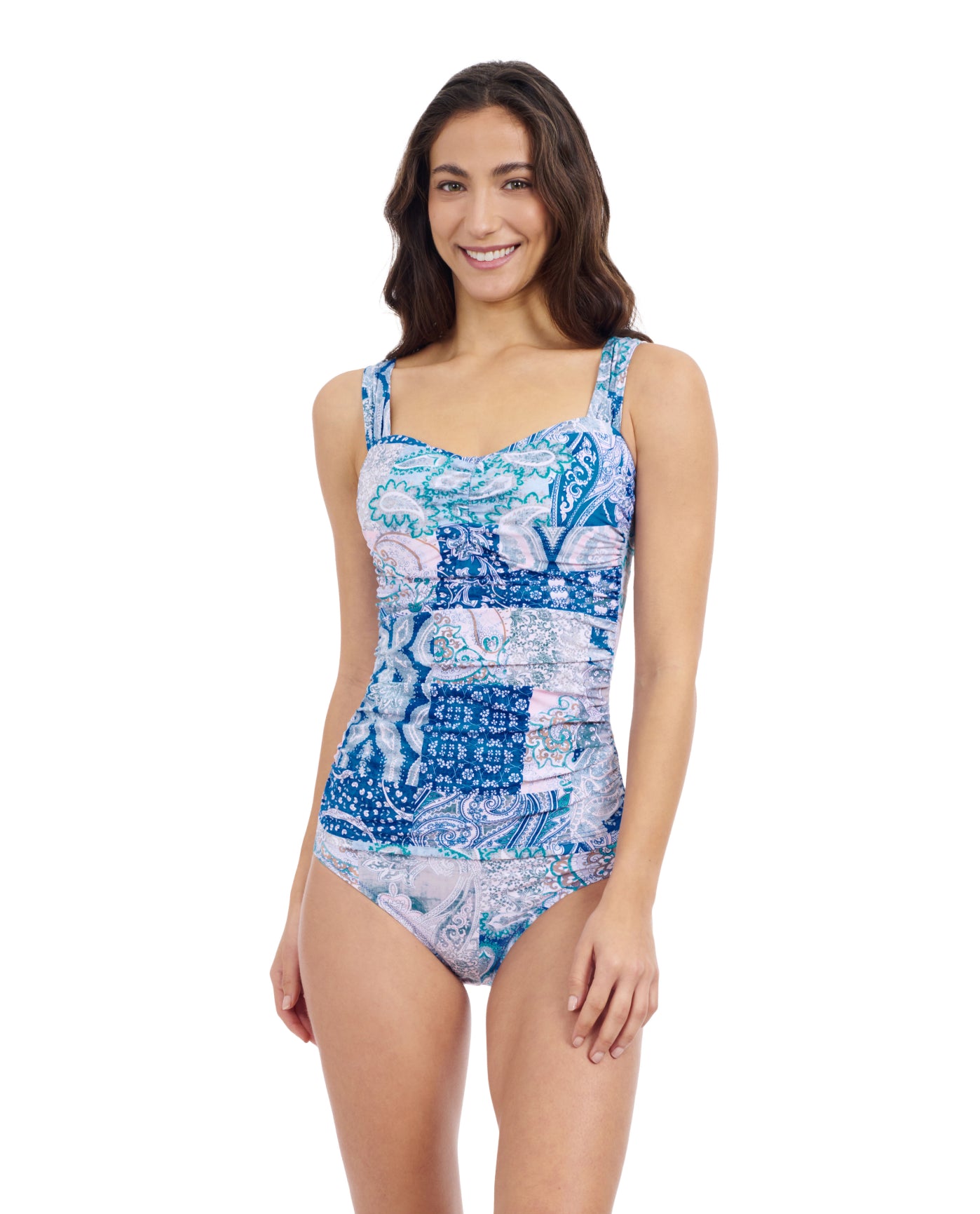 Front View Of Profile By Gottex Karma D Cup Underwire Tankini | Profile Karma Blue Multi