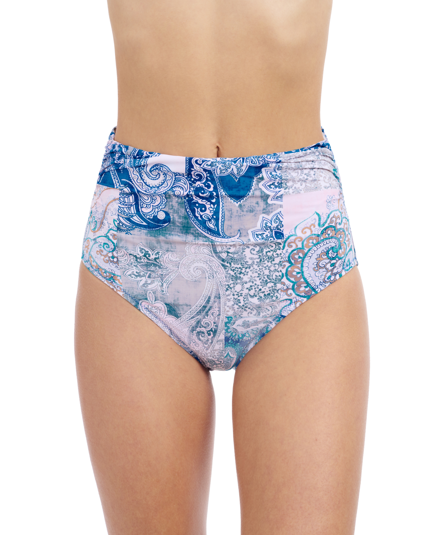 Front View Of Profile By Gottex Karma Shirred High Waist Bottom | Profile Karma Blue Multi