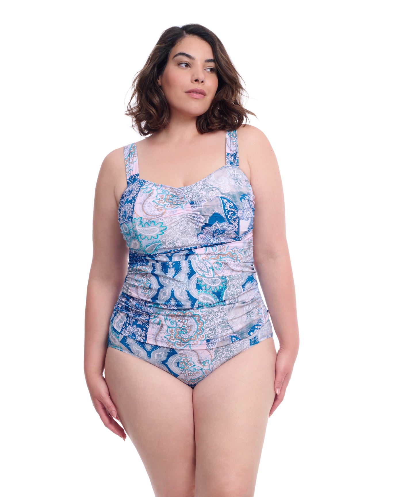 Front View Of Profile By Gottex Karma Plus Size Sweetheart Underwire Tankini Top | Profile Karma Blue Multi