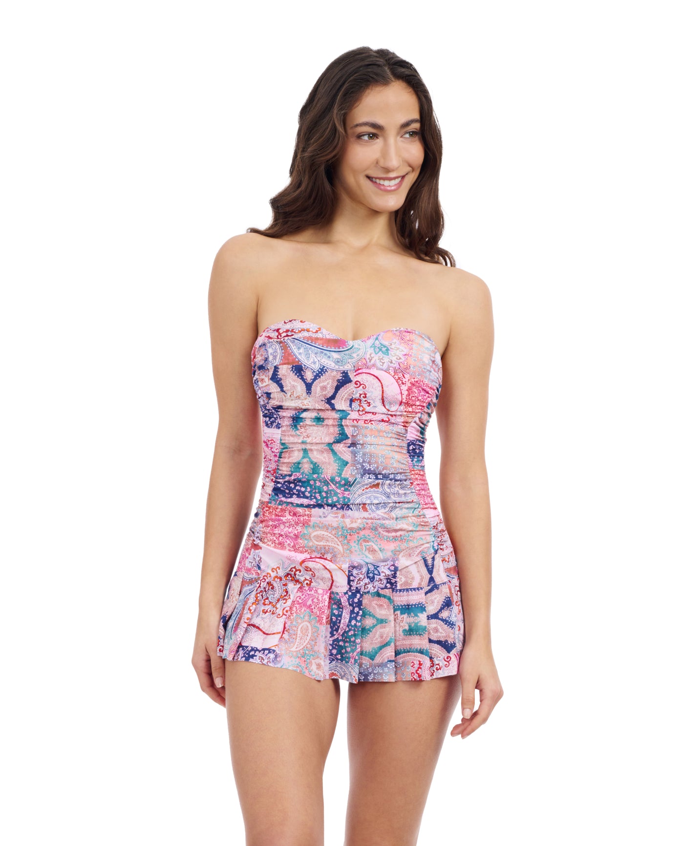 Front View Of Profile By Gottex Karma Sweetheart Bandeau Swimdress One Piece Swimsuit | Profile Karma Multi