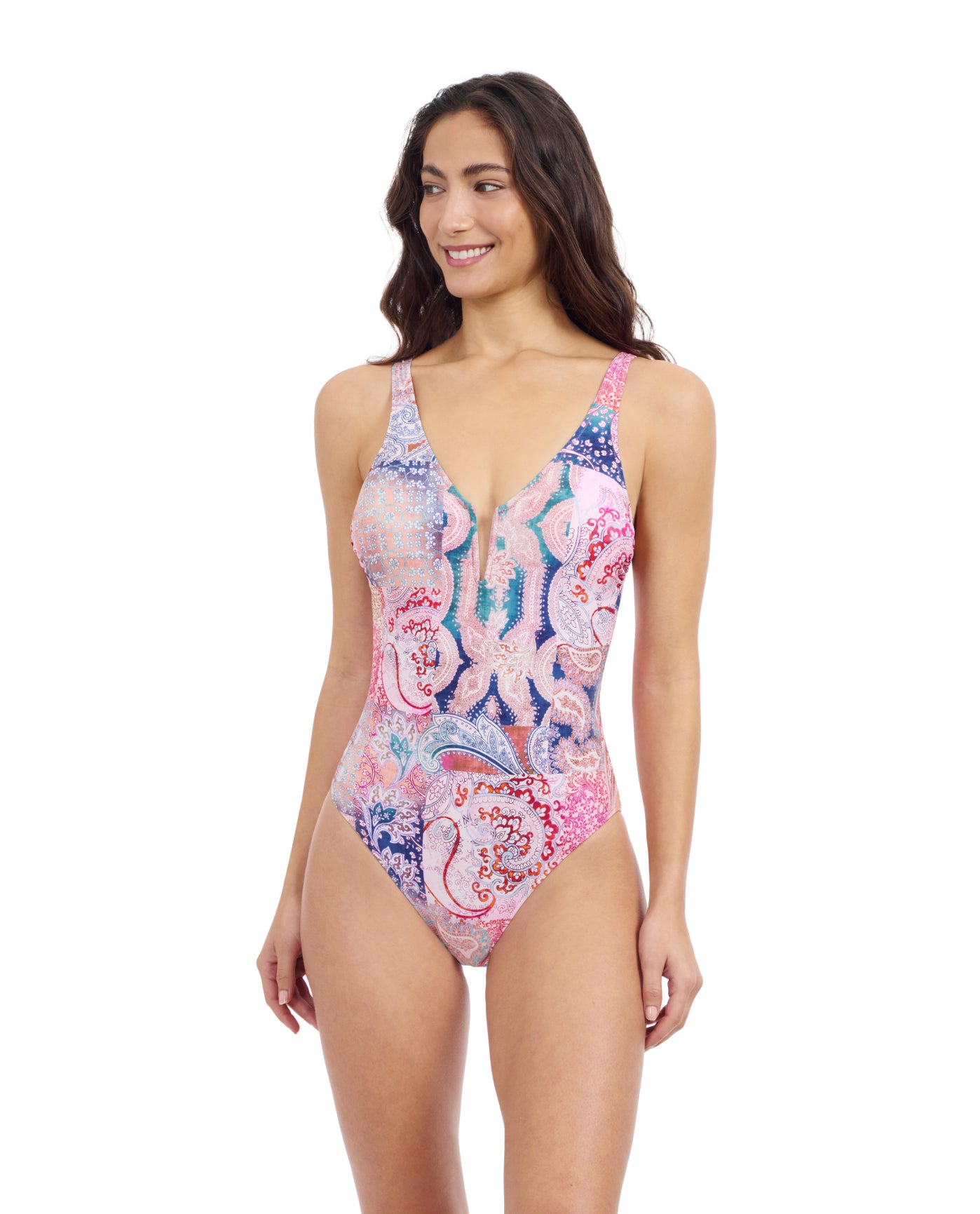 Front View Of Profile By Gottex Karma V Neck One Piece Swimsuit | Profile Karma Multi