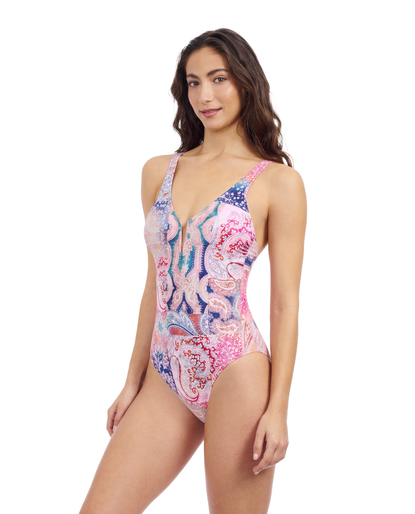 Side View Of Profile By Gottex Karma V Neck One Piece Swimsuit | Profile Karma Multi