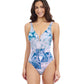 Front View Of Profile By Gottex Karma V Neck One Piece Swimsuit | Profile Karma Blue Multi