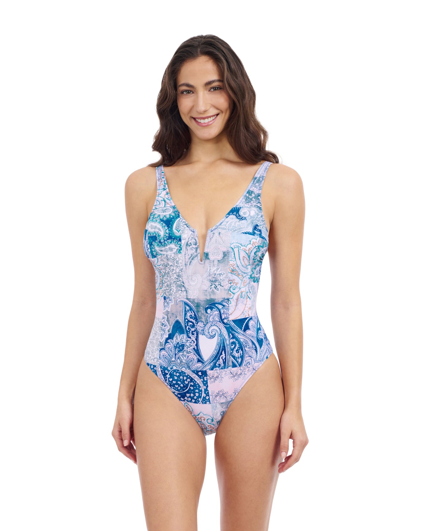 Front View Of Profile By Gottex Karma V Neck One Piece Swimsuit | Profile Karma Blue Multi