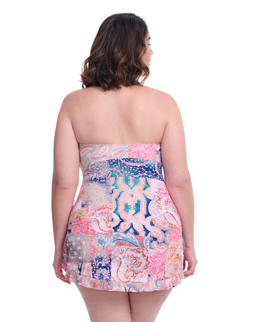 Back View Of Profile By Gottex Karma Plus Size Underwire Bandeau Swimdress | Profile Karma Multi