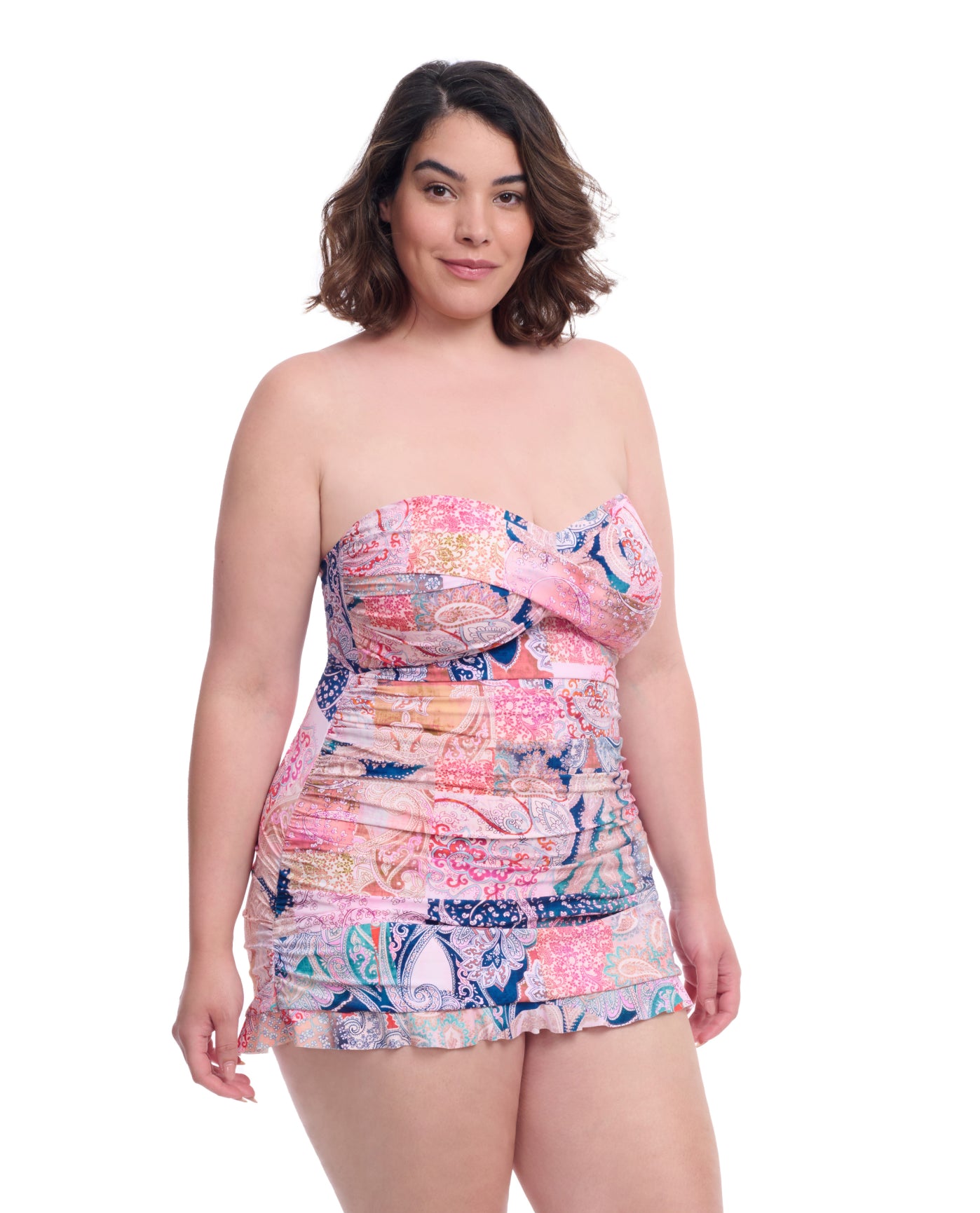 Side View Of Profile By Gottex Karma Plus Size Underwire Bandeau Swimdress | Profile Karma Multi