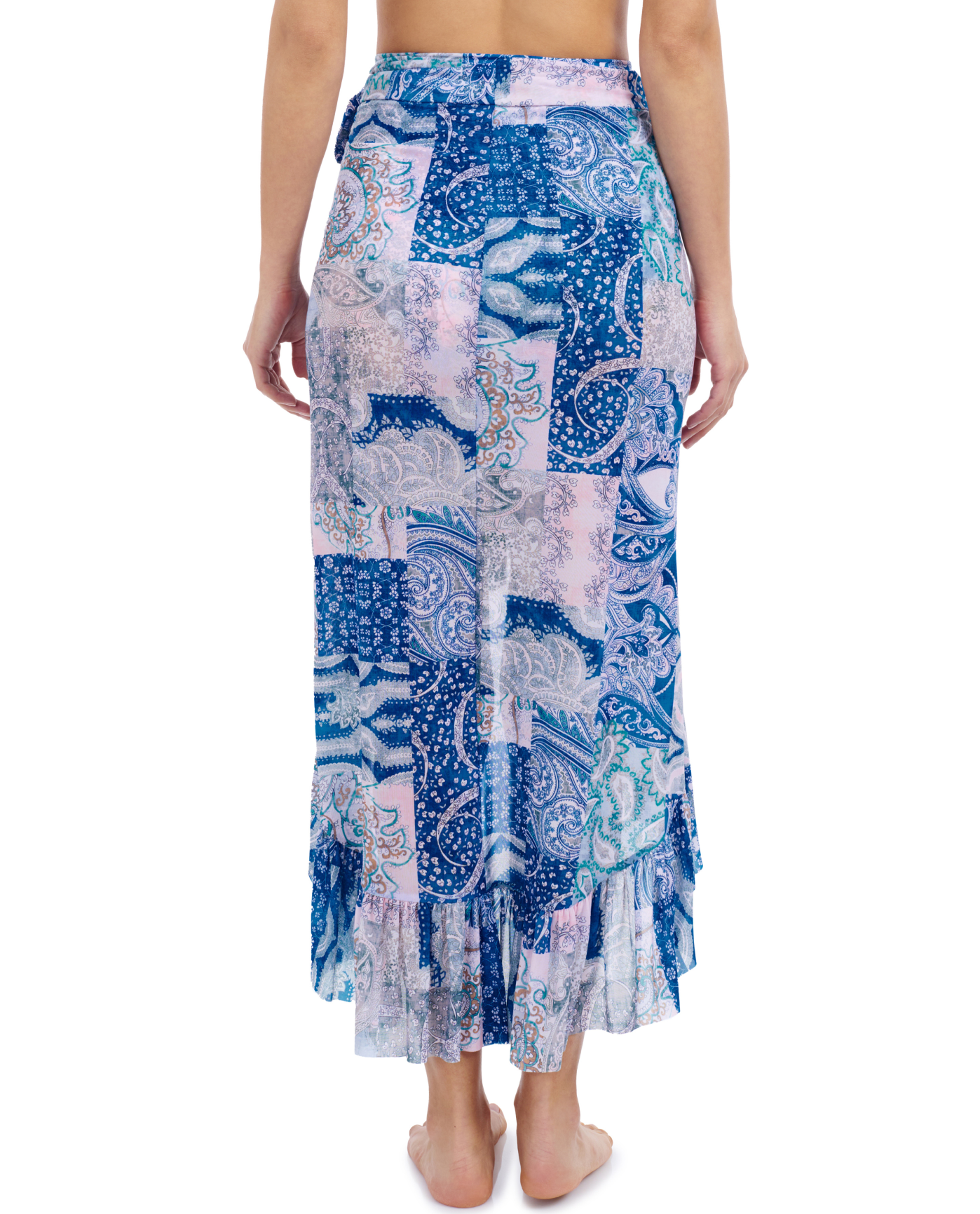 Back View Of Profile By Gottex Karma High Low Wrap Skirt Cover Up | Profile Karma Blue Multi