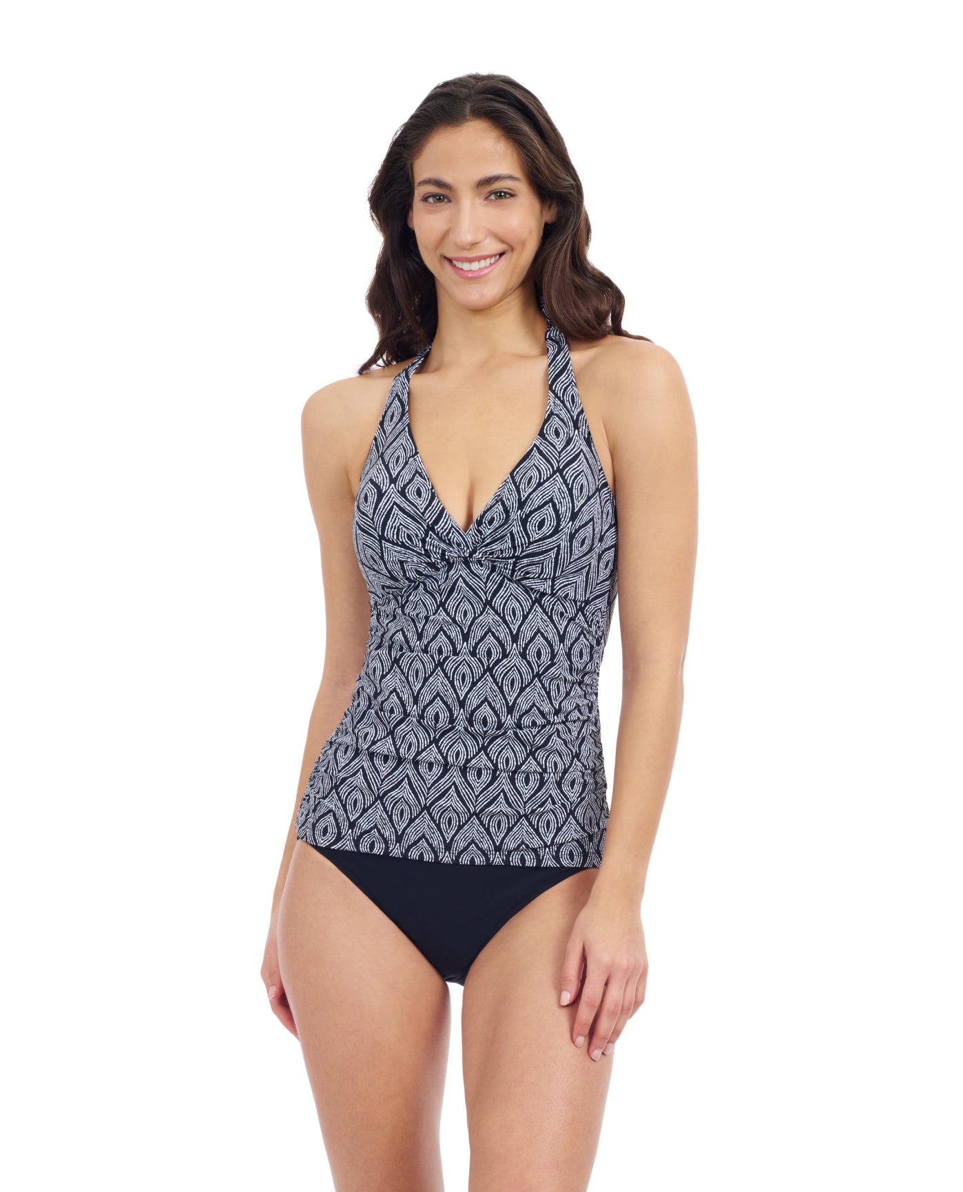 Front View Of Profile By Gottex Plume V Neck Halter Tankini | Profile Plume Black / White