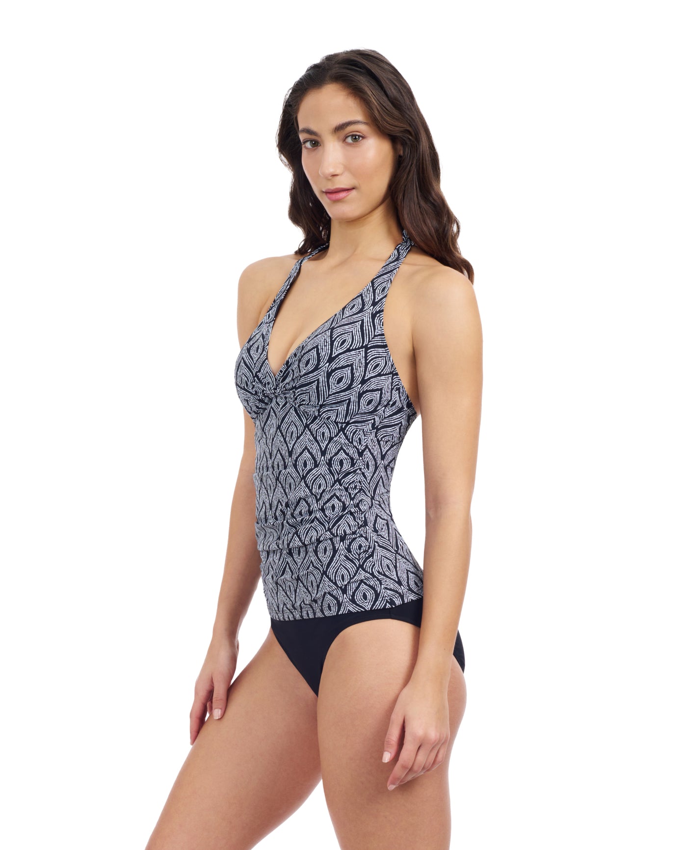 Side View Of Profile By Gottex Plume V Neck Halter Tankini | Profile Plume Black / White