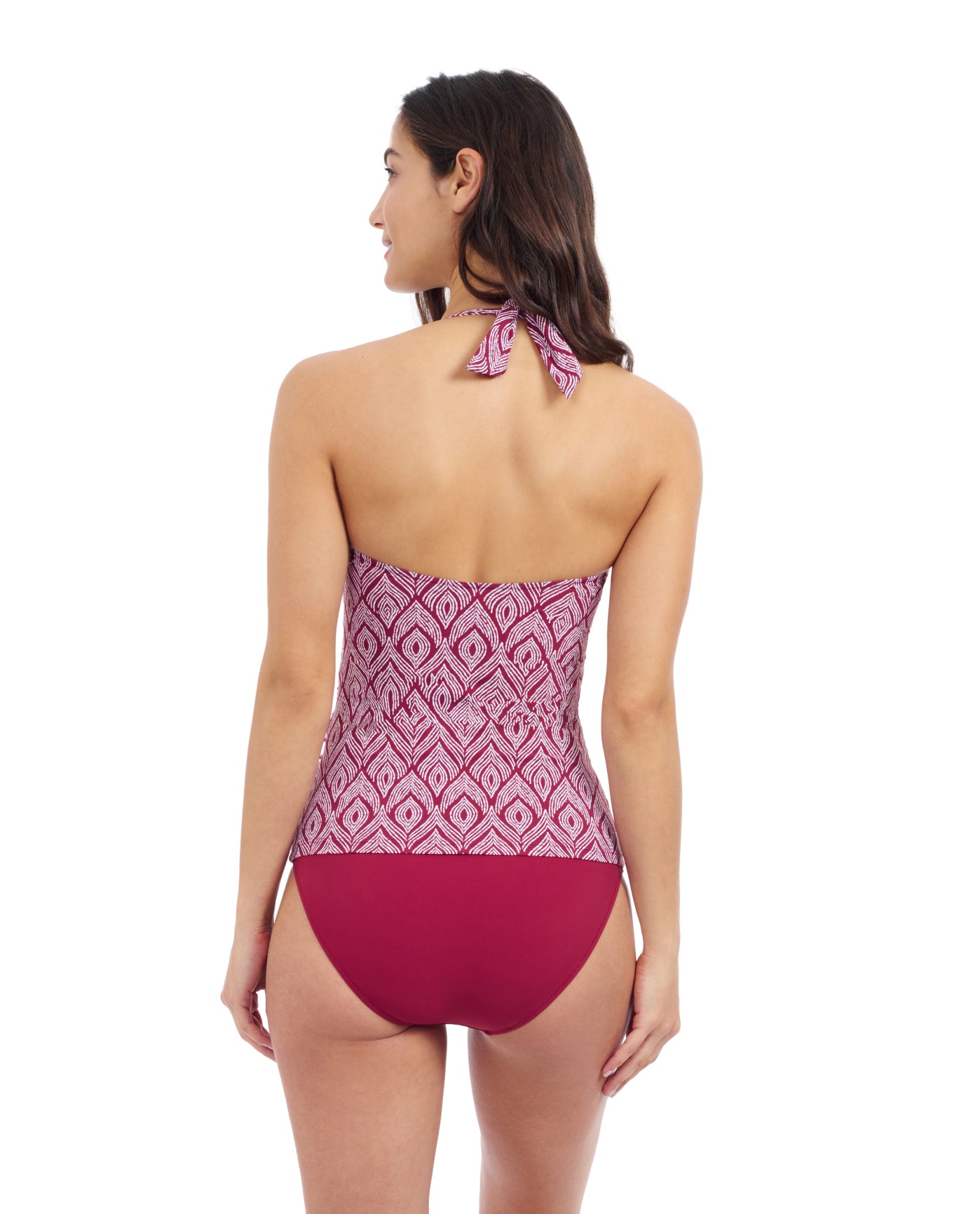 Back View Of Profile By Gottex Plume V Neck Halter Tankini | Profile Plume Brick / White