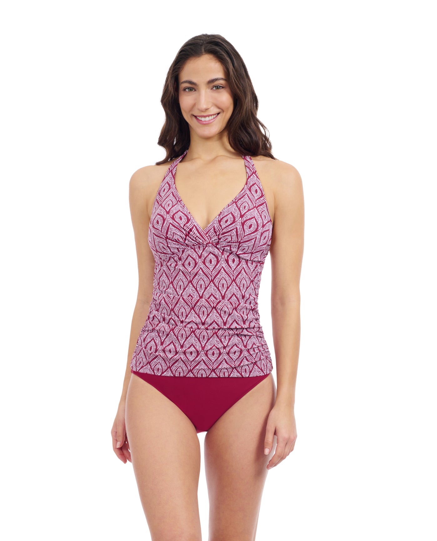 Front View Of Profile By Gottex Plume V Neck Halter Tankini | Profile Plume Brick / White