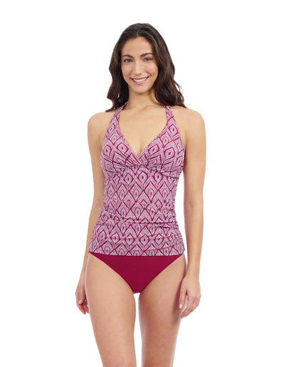 Front View Of Profile By Gottex Plume V Neck Halter Tankini | Profile Plume brick-and-white