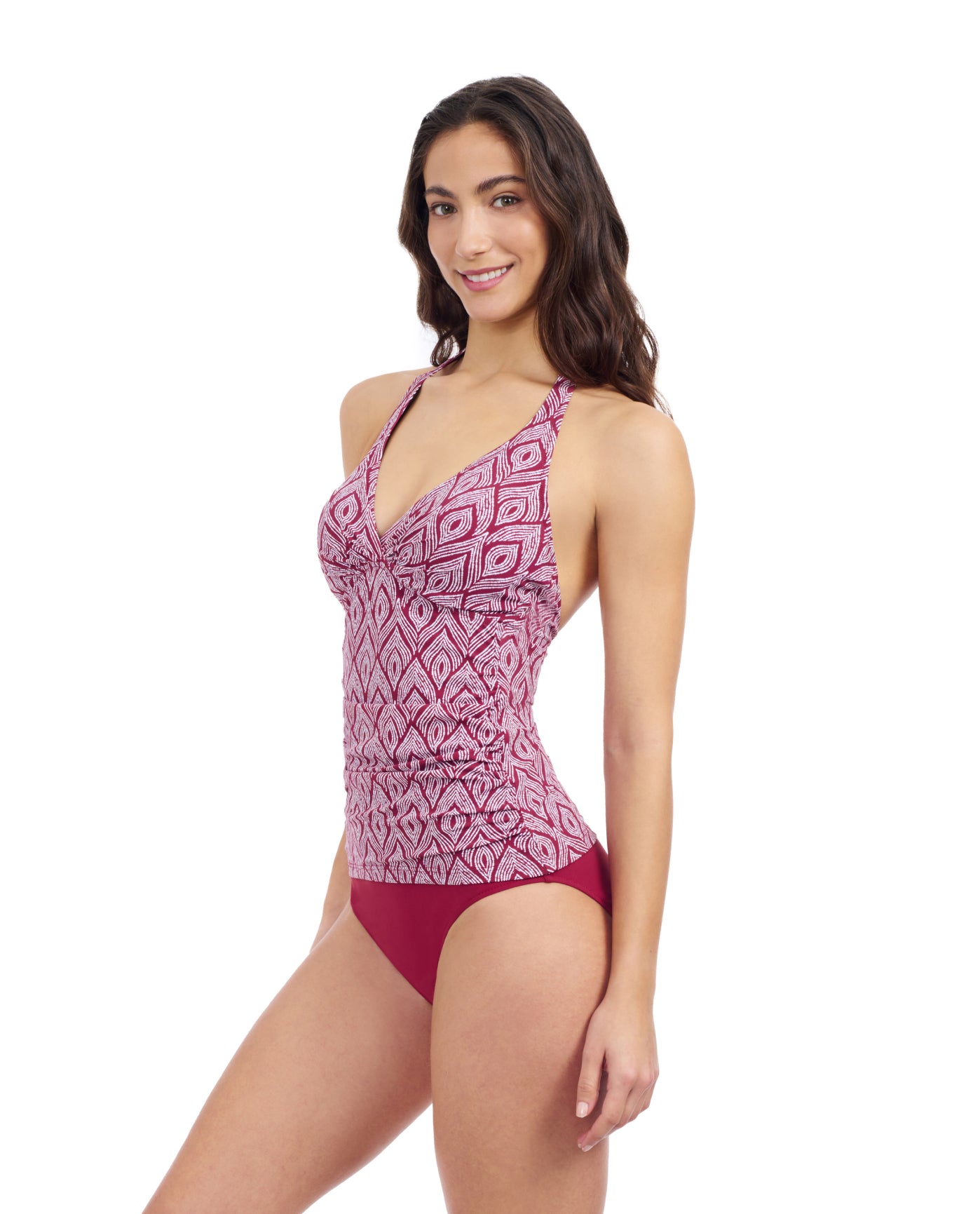 Side View Of Profile By Gottex Plume V Neck Halter Tankini | Profile Plume Brick / White