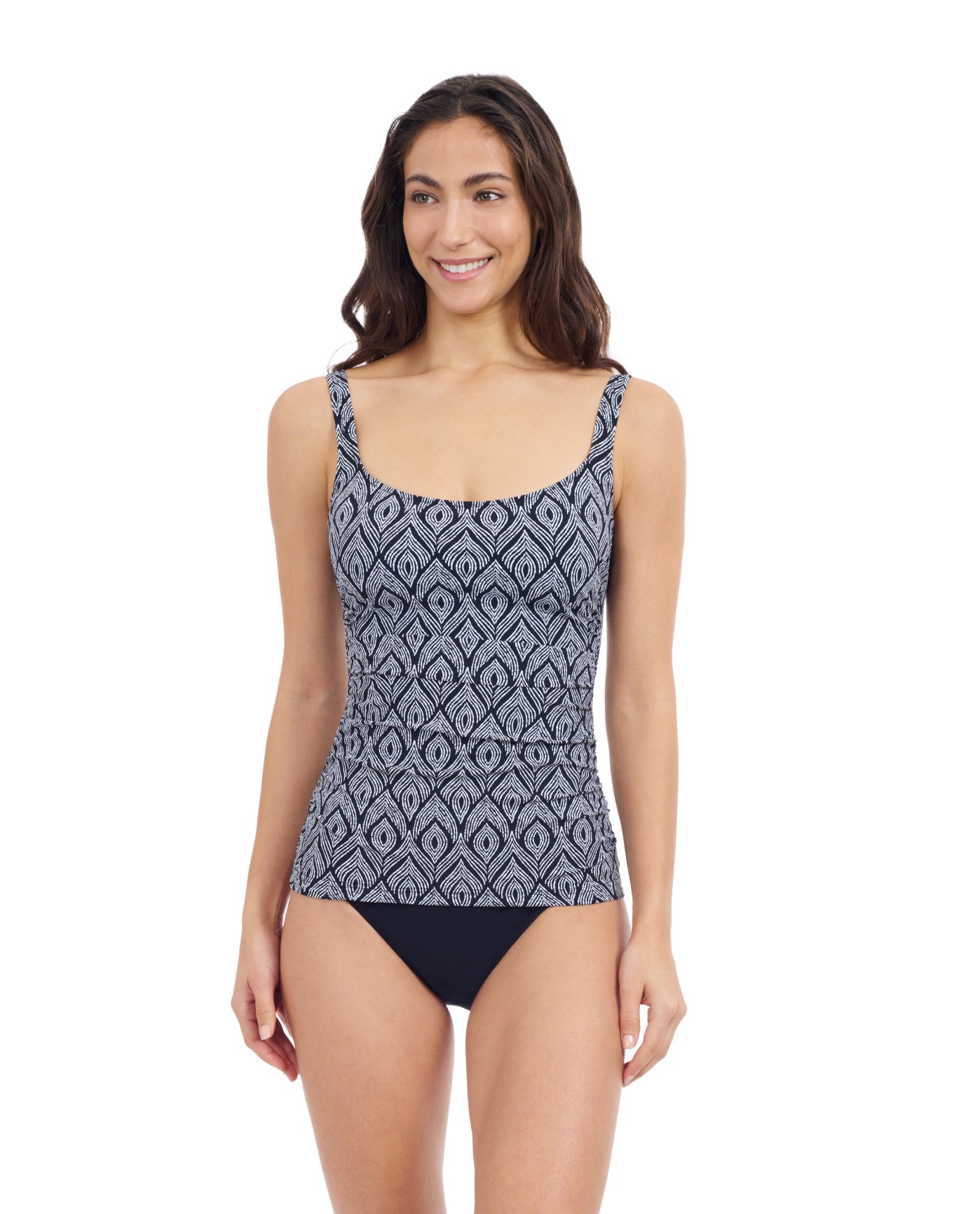 Front View Of Profile By Gottex Plume D Cup Underwire Tankini | Profile Plume black-and-white