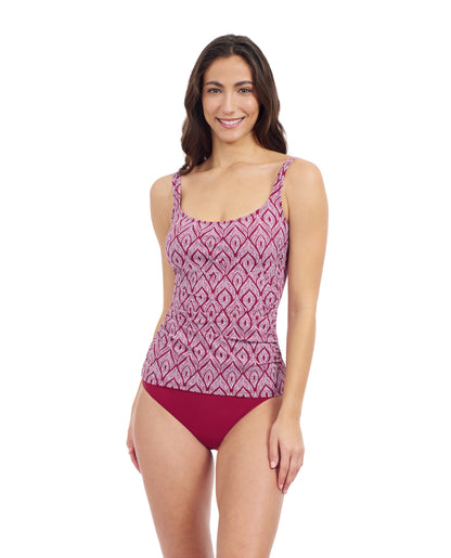 Front View Of Profile By Gottex Plume D Cup Underwire Tankini | Profile Plume brick-and-white