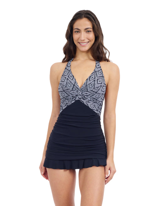 Profile By Gottex Plume V Neck Halter Swimdress One Piece Swimsuit