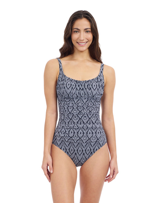 Front View Of Profile By Gottex Plume Scoop Neck One Piece Swimsuit | Profile Plume Black / White