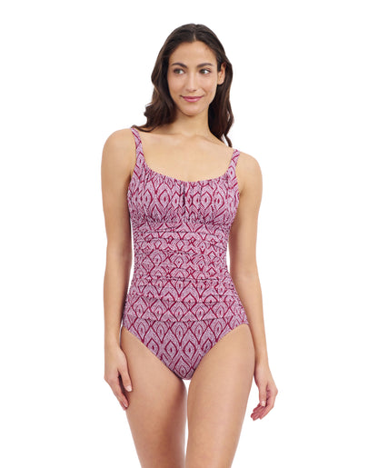 Front View Of Profile By Gottex Plume Scoop Neck One Piece Swimsuit | Profile Plume brick-and-white