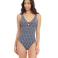 Front View Of Profile By Gottex Plume V Neck Deep Plunge One Piece Swimsuit | Profile Plume black-and-white